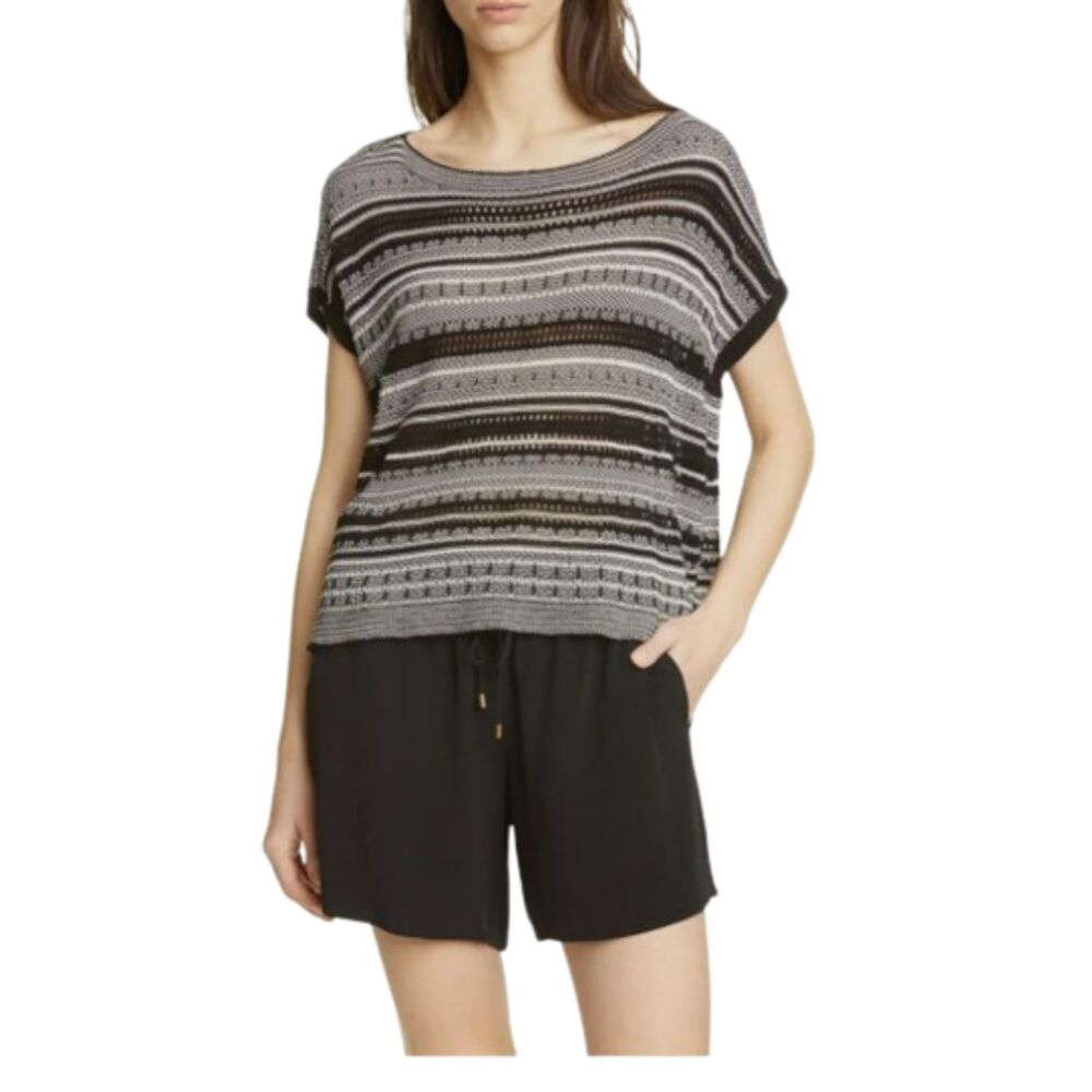 Eileen Fisher Organic Cotton Knit Striped Poncho Top Boxy Shacket Sweater XL